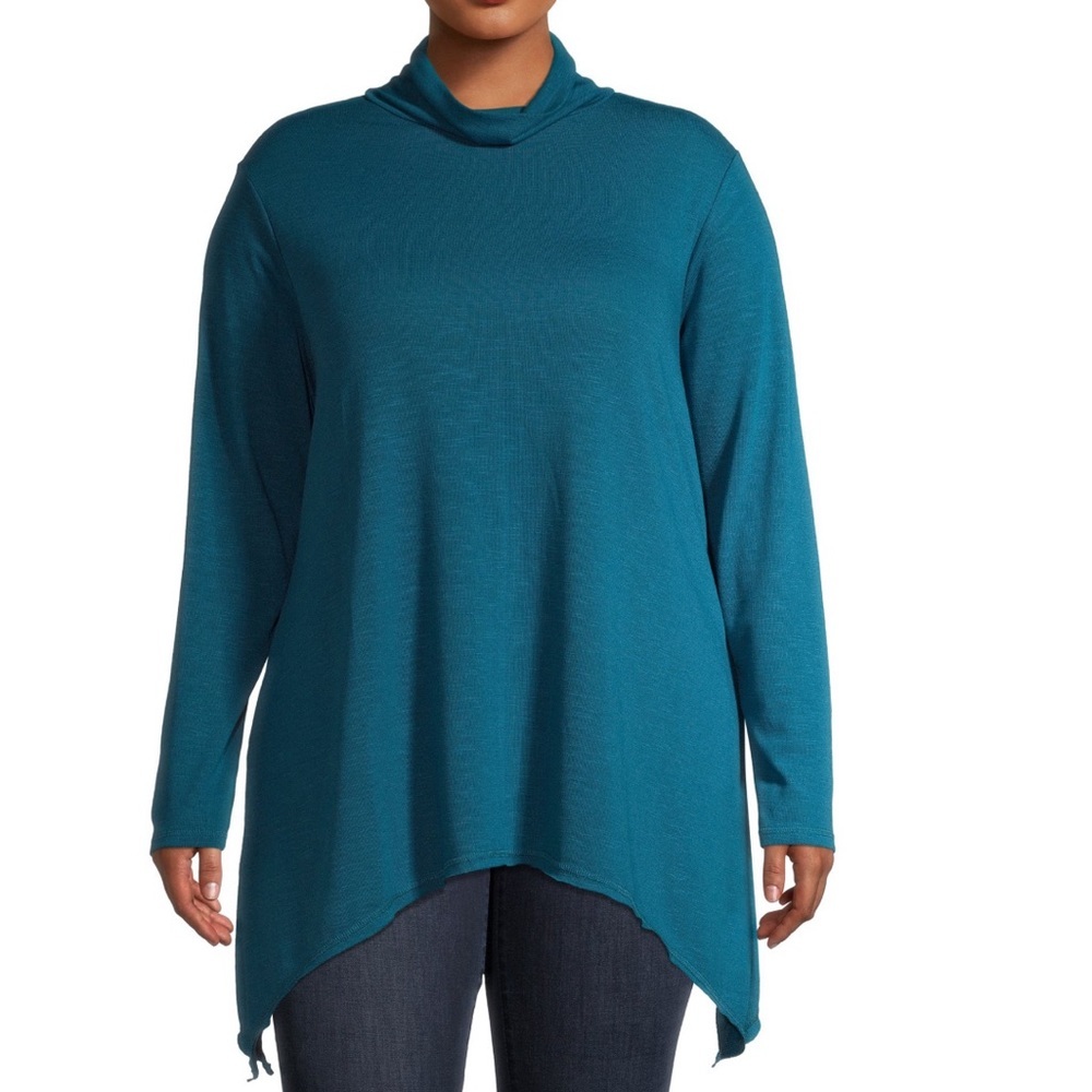 Slub Sharkbite Tunic Length Cowlneck Knit Top